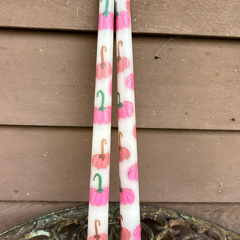 Anthropologie White Taper Candles with Hand painted pumpkin Motif - Pair